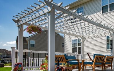 Multilevel modern deck with decorative pergola on top in Belle Mead, NJ