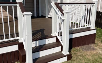 500 sq. ft. new deck built using deckorators trailhead decking color pathway and white aluminum railings, We also installed custom privacy panels on this deck!