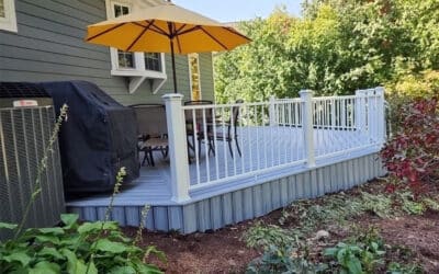 500 sq. ft. deck resurface, we replaced the old wood floor and railings with new Low maintenance synthetic decking and powder coated aluminum railings.