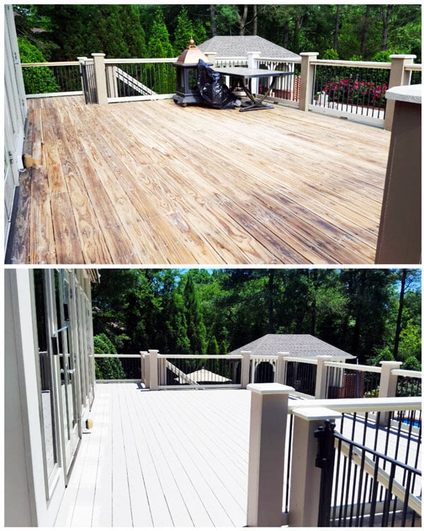 A Split-Panel Before And After Comparison Of A Large Elevated Deck Transformation Showing Deeply Weathered Faded Wood On The Top Panel And Clean New Light Grey Composite Decking With Upgraded White Railings And Black Balusters On The Bottom Panel