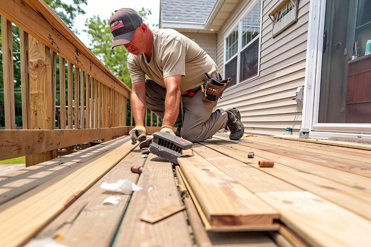 A Professional Contractor Kneeling To Install And Align Wooden Planking During A Project To Extend Your Deck.
