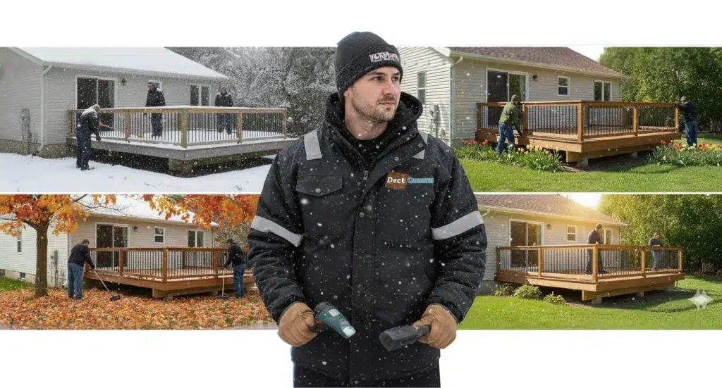 Composite Image Showing A Deck Builder In Winter Gear, Surrounded By Four Vignettes Of Workers On A Deck During Different Seasons.