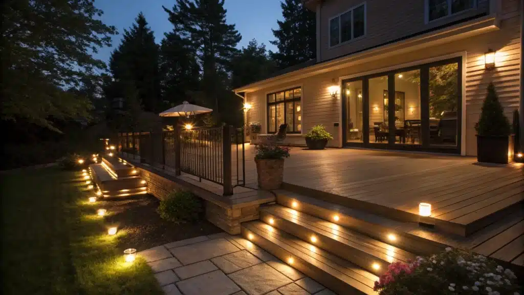 A Beautifully Lit Deck At Night Featuring Led Lights Along The Stairs And Railing, Perfect For Enhancing Porches.