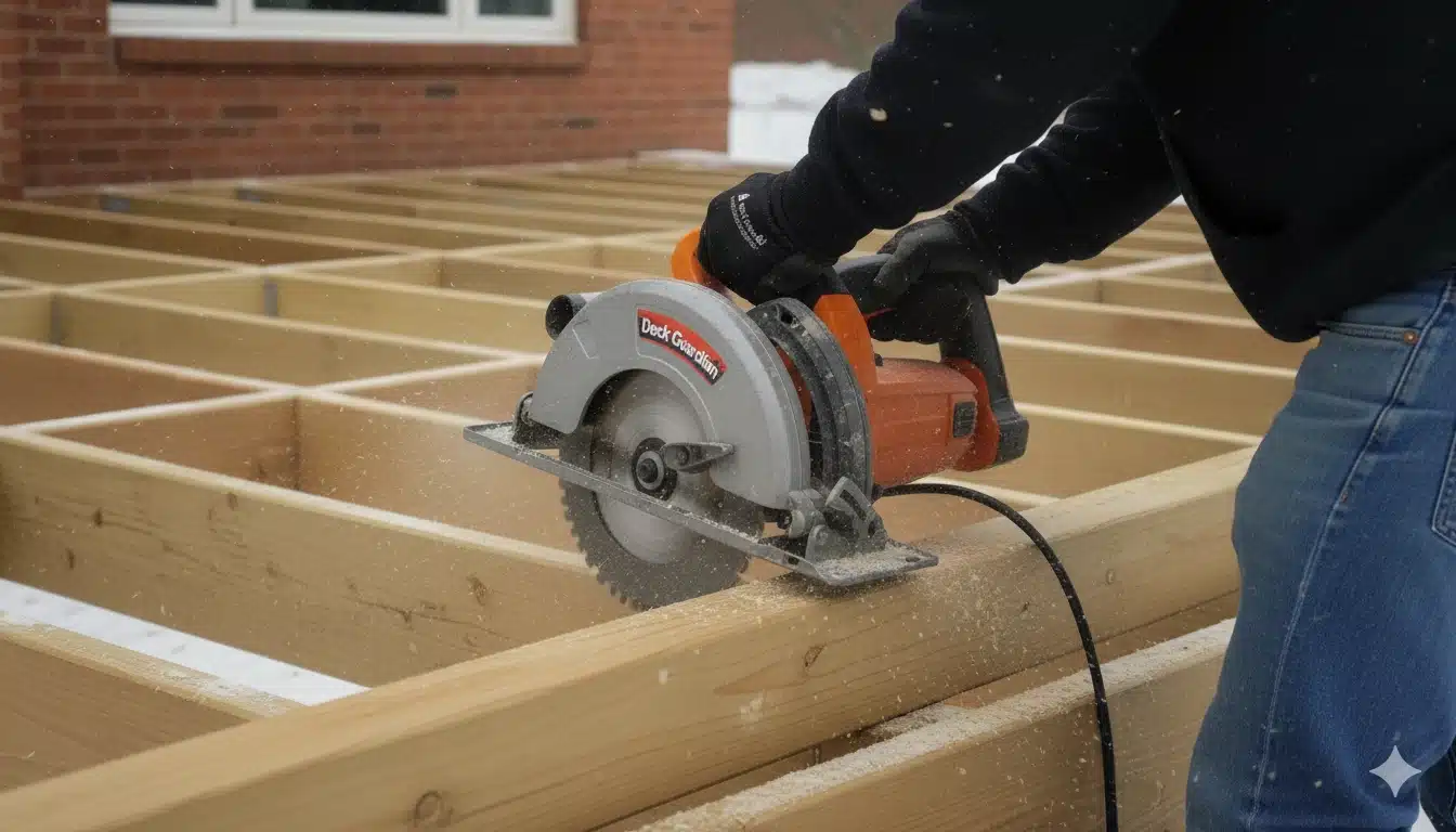 Wondrous patio 3 Extreme Close-Up Of A Worker'S Hands Using An Orange And Silver Circular Saw To Cut A Wooden Deck Joist; A Wondrous Patio Cut.