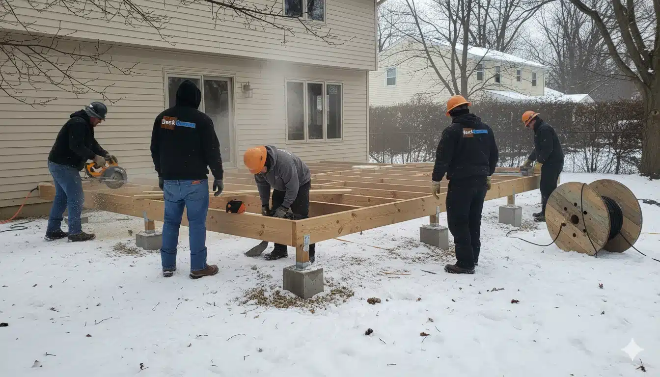 Wondrous patio 1 Five Construction Workers Building A Wooden Deck Frame On Concrete Piers In A Snowy Backyard; A Wondrous Patio In Progress.