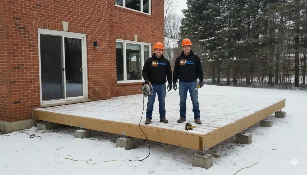 Two construction workers smiling and standing proudly on the completed wooden deck frame attached to a red brick house; a Wondrous patio team.