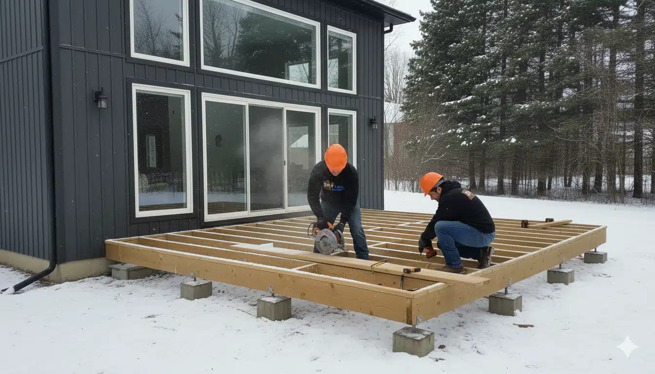 Wondrous patio 4 Two Construction Workers Framing A Wooden Deck Next To A Contemporary Black House With Large Windows; A Wondrous Patio Being Built.