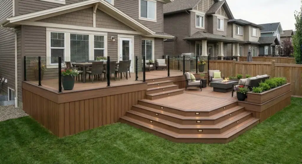 Multi-Level Brown Composite Deck With Stair Lights And Glass Railings Suited For New Deck Budget Planning.