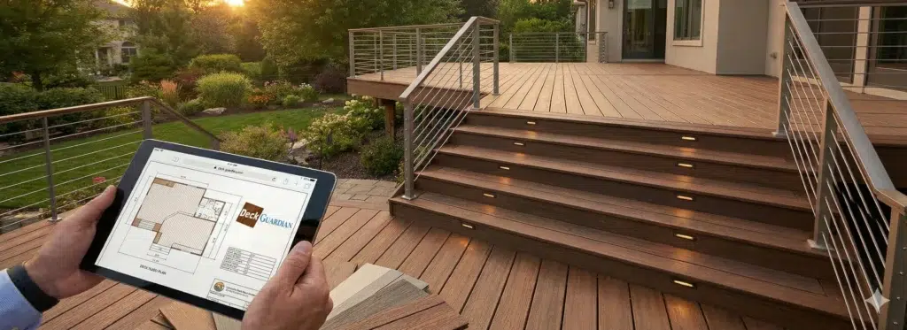 Hands Holding Deck Plans And Samples Overlooking A Finished Multi-Level Deck Built By The Best Deck Builders.