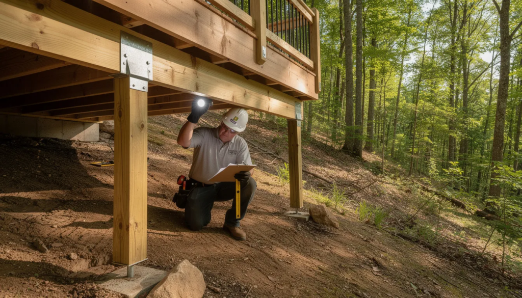 Deck inspector checking foundation and support posts under elevated wood deck in a forested residential property