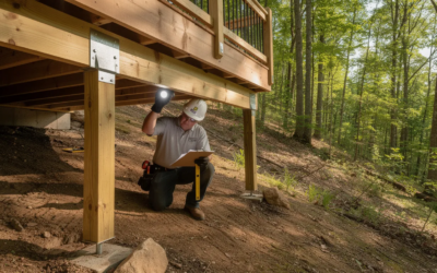 Deck Inspector Checking Foundation And Support Posts Under Elevated Wood Deck In A Forested Residential Property