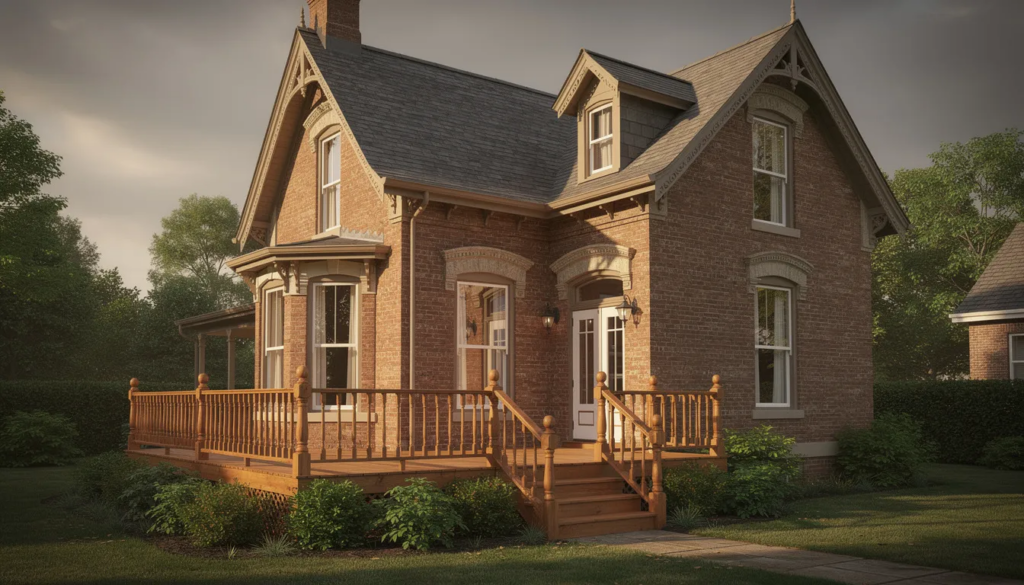 Historic brick home with custom wood front porch deck and classic railing design