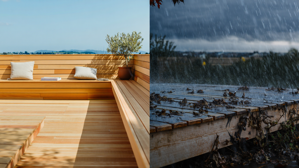 A split-screen comparison showing a luxury wood deck in a sunny climate versus a weathered wood deck in heavy rain with fallen leaves.