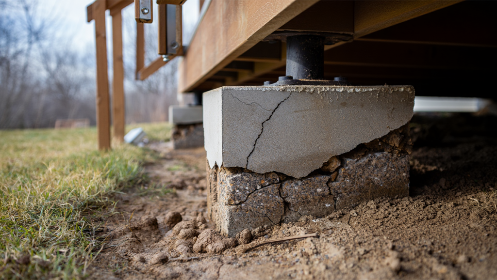 A cracked and failing concrete deck block resting on unstable soil.
