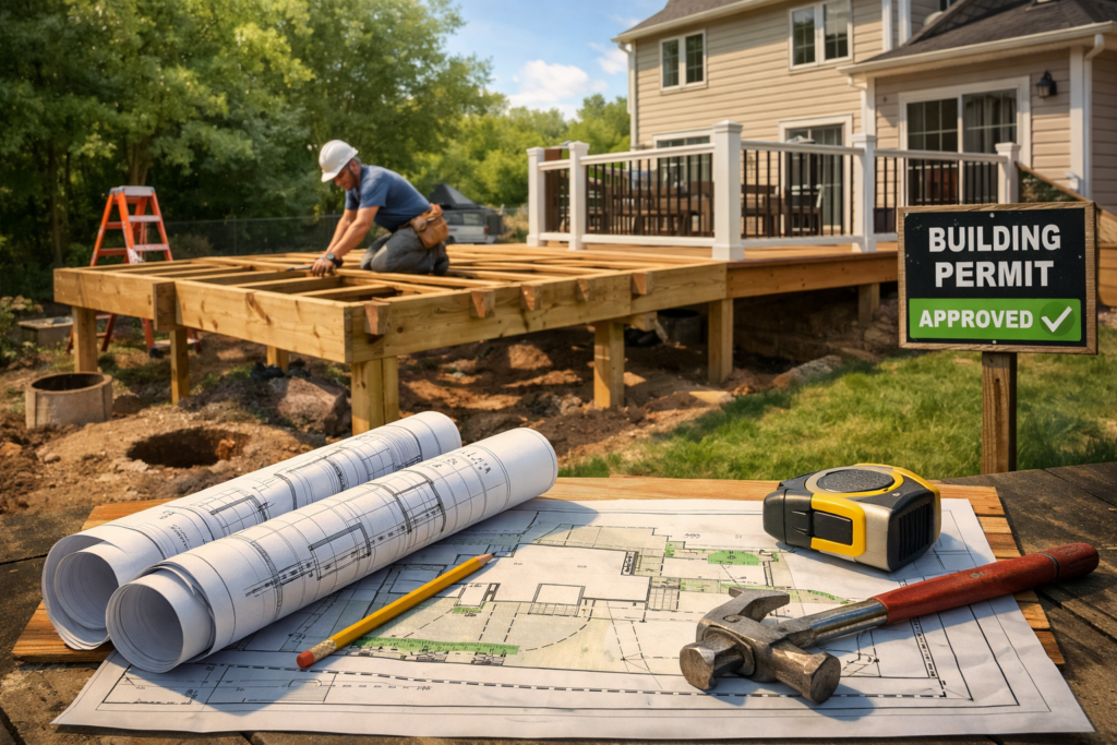 A licensed contractor building a deck frame next to an "Approved Building Permit" sign, essential for deck permits in Bucks County PA.