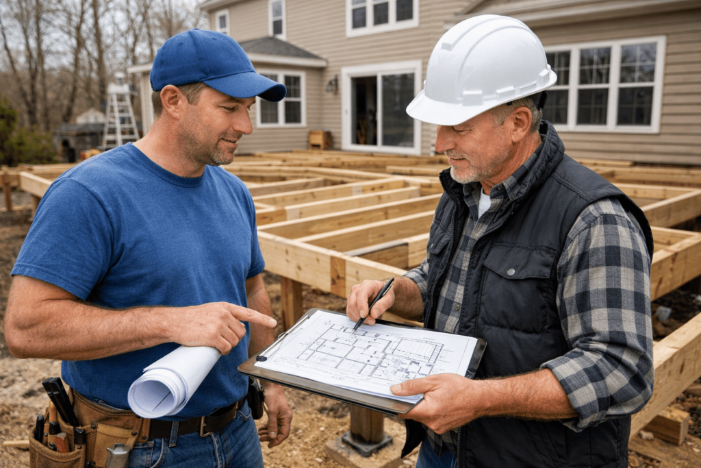 Professional deck builders in Doylestown PA reviewing a brand new deck blueprint at a residential construction site.