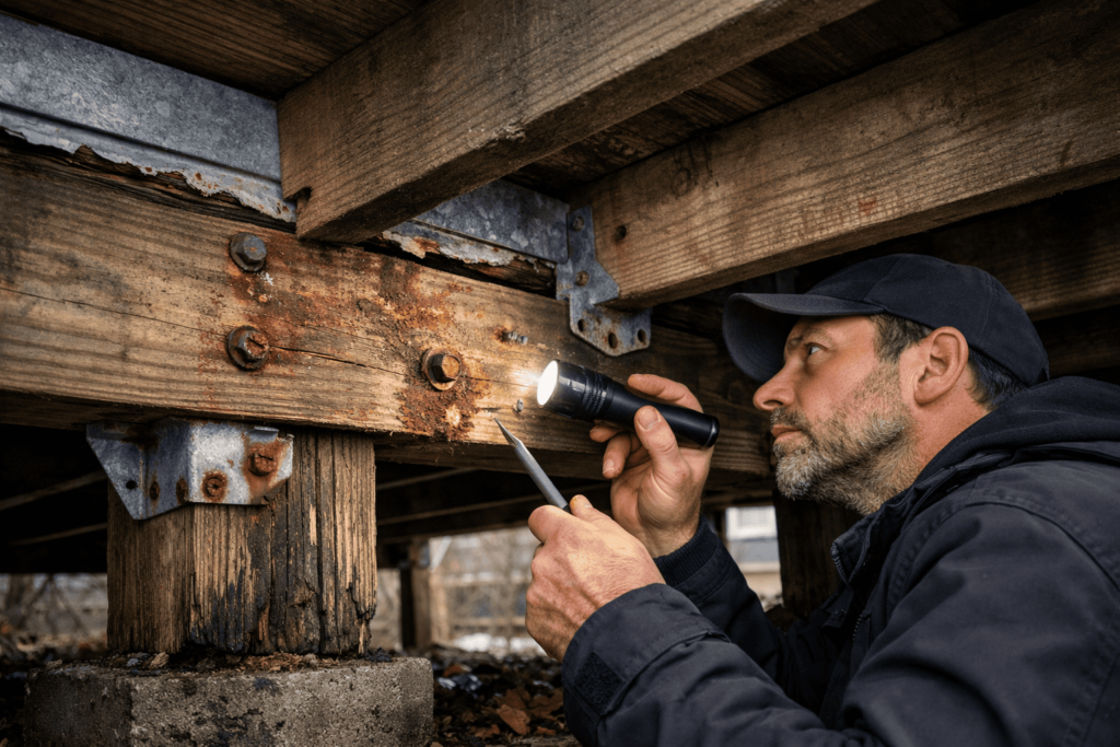 A professional inspector performing a post-winter deck inspection checklist by probing a weathered ledger board and rusted fasteners with a flashlight.
