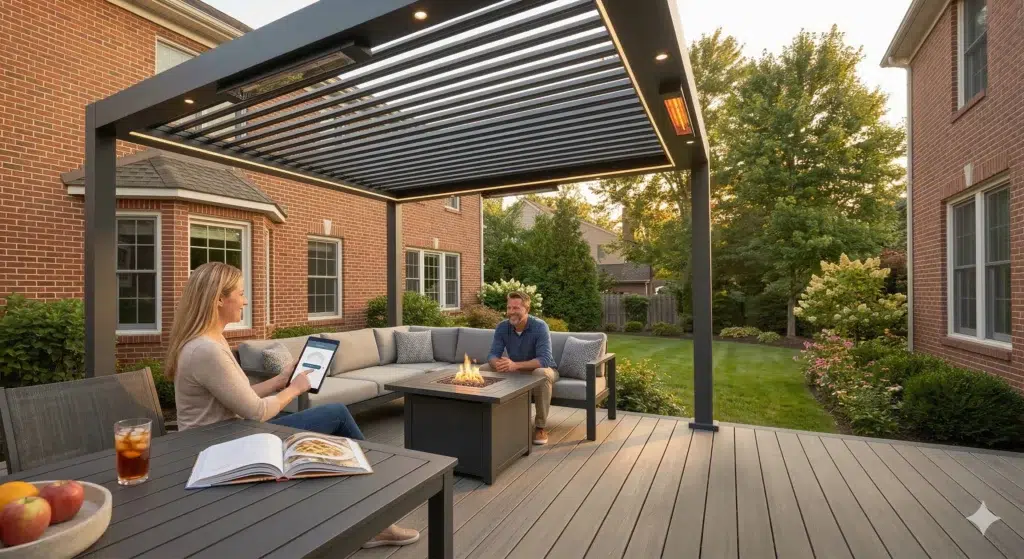 People relax with smart controls and heaters, demonstrating louvered roof systems for NJ decks.