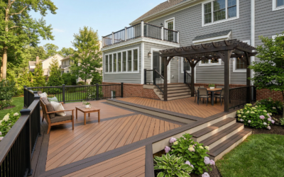 Large Multi-Level Custom Deck Featuring A Brown Picture Frame Border, Diagonal Board Patterns, And A Dark Wood Pergola.