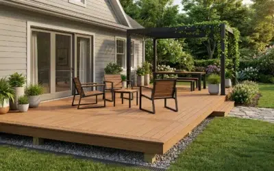 A Contemporary Wooden Patio Showcasing Ground Level Deck Ideas With Sleek Furniture And A Black Metal Pergola.