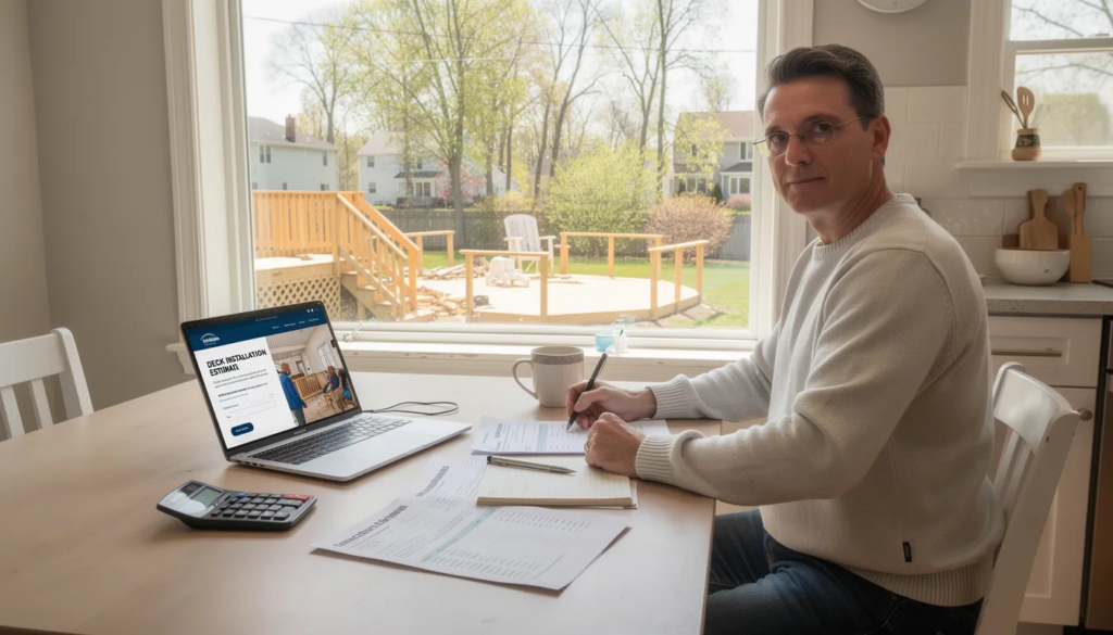 A New Jersey homeowner at a kitchen table using a laptop to research spring deck pricing in New Jersey while reviewing a printed deck installation estimate.