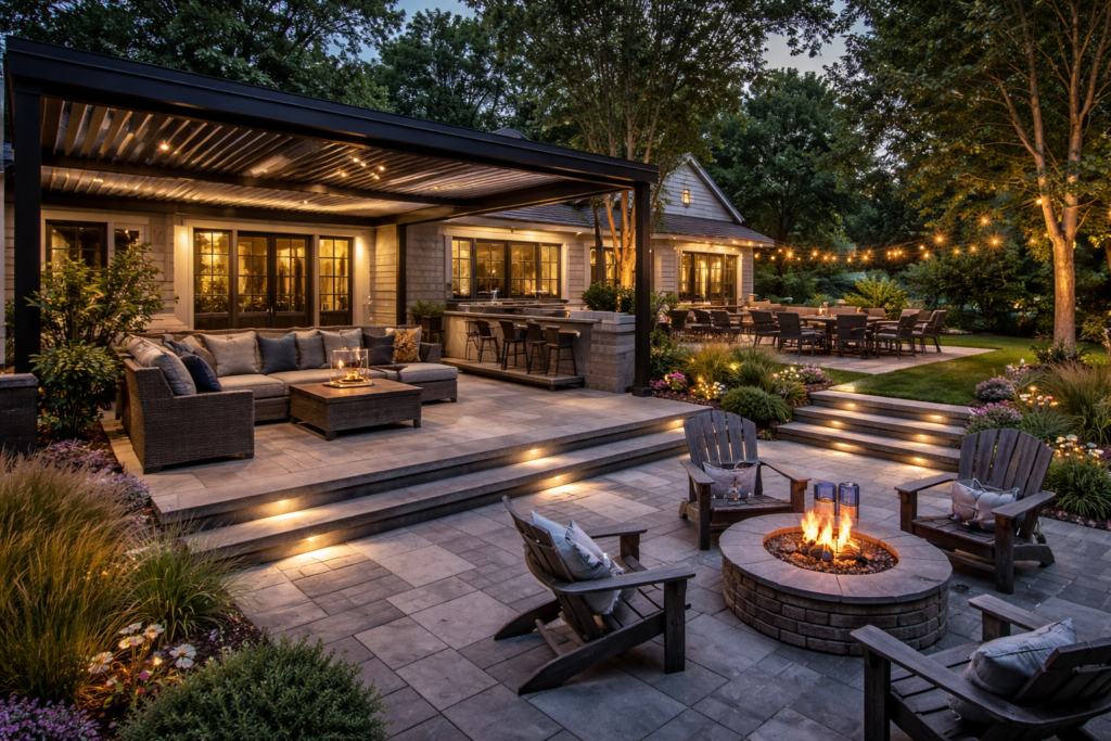 A luxury covered patio featuring an outdoor kitchen, comfortable sectional seating, a circular stone fire pit, and string lighting for a cozy retreat.