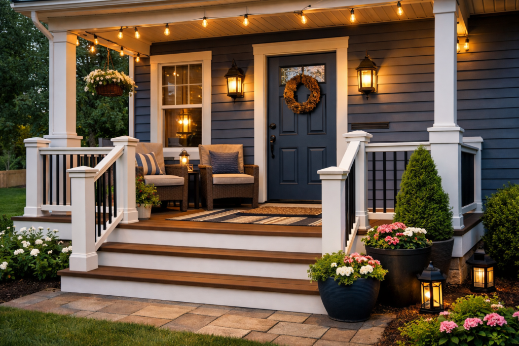 A beautifully remodeled front porch in New Jersey featuring a blue exterior, white pillars, string lights, and comfortable outdoor seating at dusk.