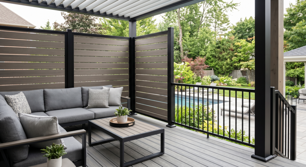 Modern deck privacy wall featuring horizontal gray composite panels integrated with black metal railings next to an outdoor lounge sofa.