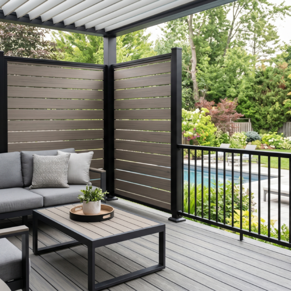 Modern deck privacy wall featuring horizontal gray composite panels integrated with black metal railings next to an outdoor lounge sofa.