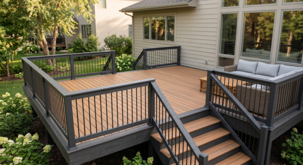 A Modern Backyard Deck Featuring A Two-Tone Color Scheme With Light Brown Floorboards And Dark Gray Railings.