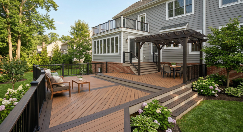 Large multi-level custom deck featuring a brown picture frame border, diagonal board patterns, and a dark wood pergola.