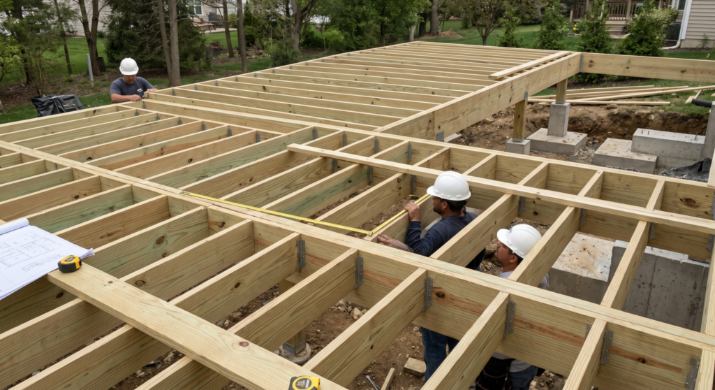 A large, multi-level custom composite deck with a wide beam span and white railings installed on a luxury home.