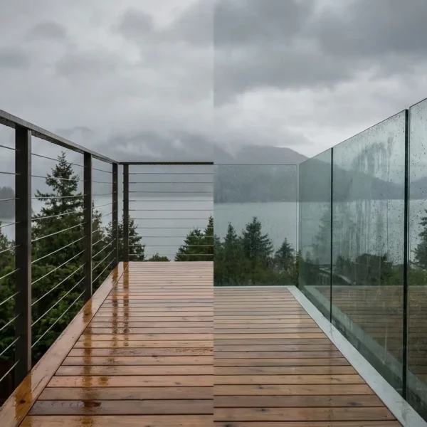 A modern outdoor deck with a scenic view featuring a cable deck railing and glass railing for comparison.