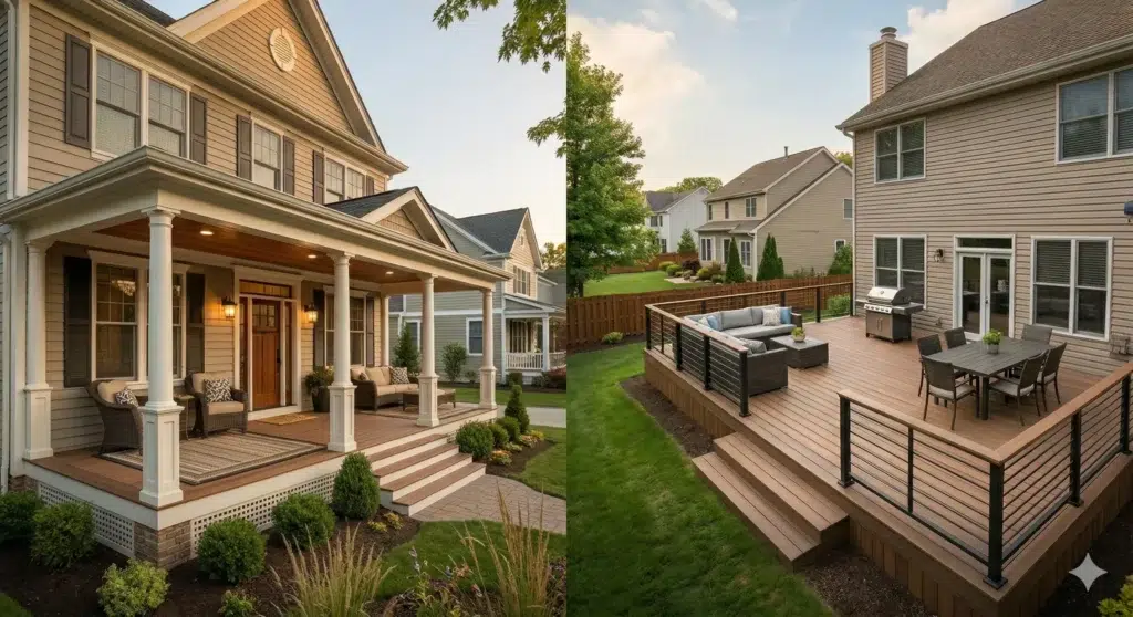 Side-by-side view of a luxury custom porch and a modern backyard deck, illustrating the services of a custom porch builder vs deck contractor.