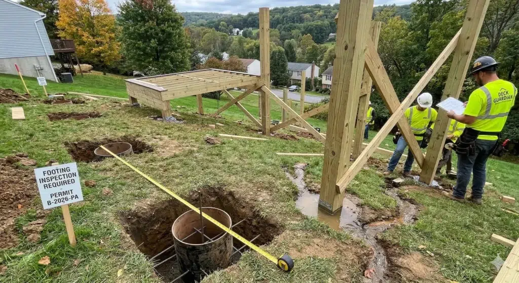 Workers verify engineering plans near massive posts for a complex multi-level deck on a steep slope, showing a deep footing.
