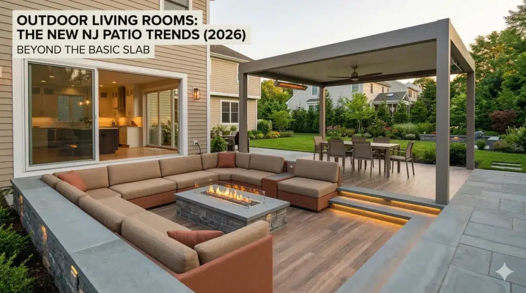 Sunken fire pit lounge and covered dining area on a modern multi-zone New Jersey patios design.
