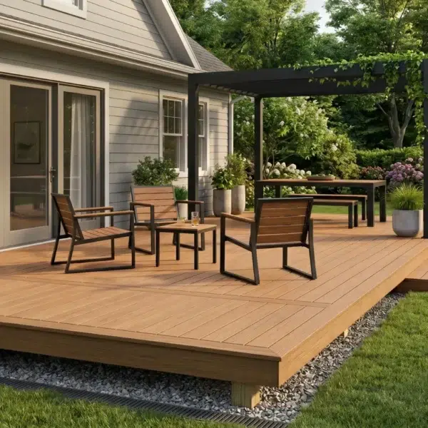 A contemporary wooden patio showcasing ground level deck ideas with sleek furniture and a black metal pergola.