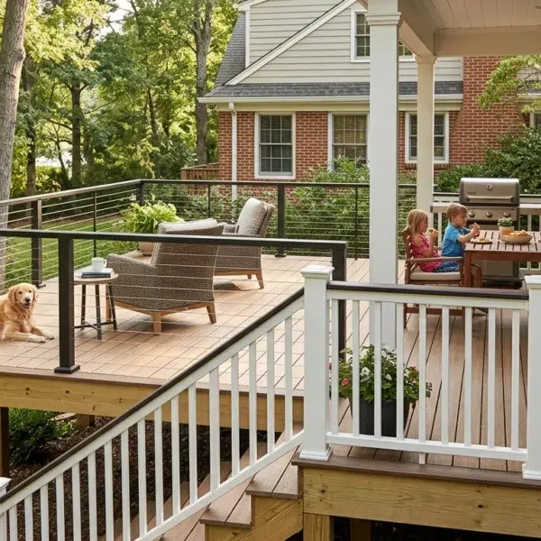 A family enjoys outdoor dining on a porch featuring a white balustrade and dark cable deck railing ideas.