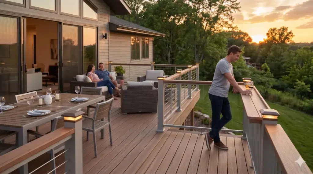 Modern home with contemporary cable deck rail design and built-in drink rail at sunset.
