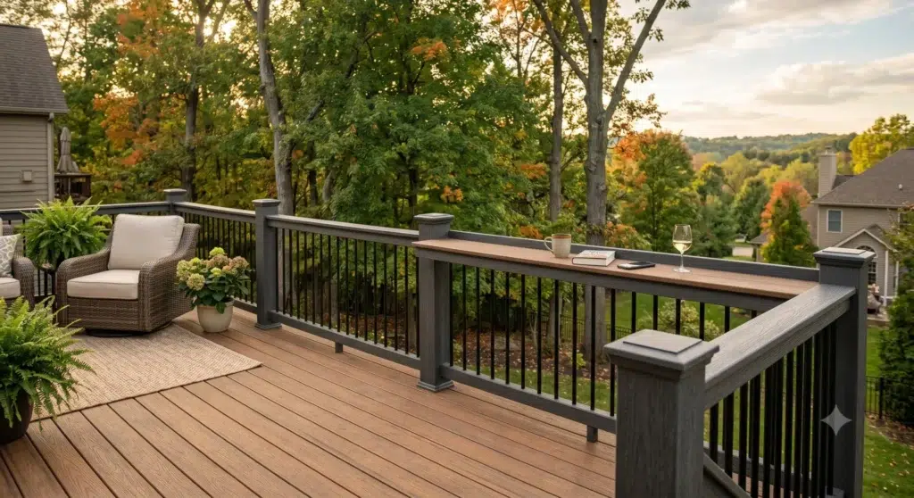 A brown composite deck railing featuring an integrated wood-look drink rail overlooking a lush green forest backdrop.