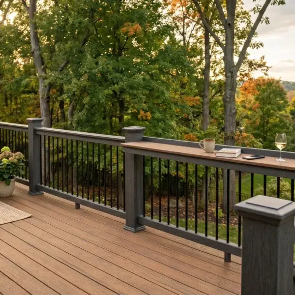 A brown composite deck railing featuring an integrated wood-look drink rail overlooking a lush green forest backdrop.