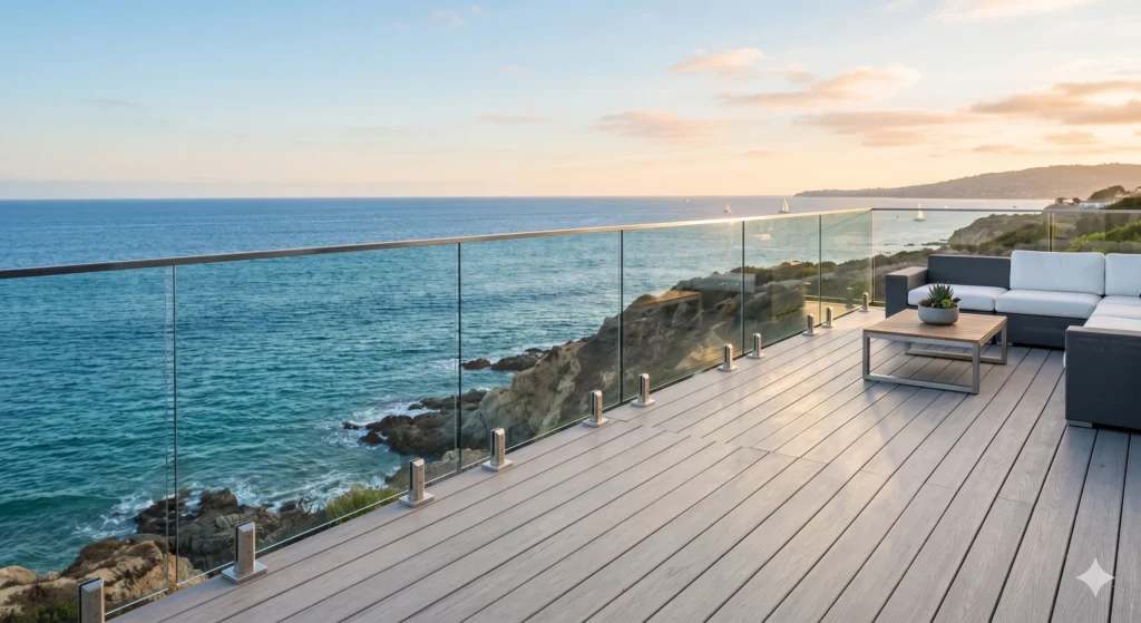 A Modern Seaside Terrace Overlooking The Ocean, Showcasing A Sleek Alternative To Traditional Cable Deck Railing.