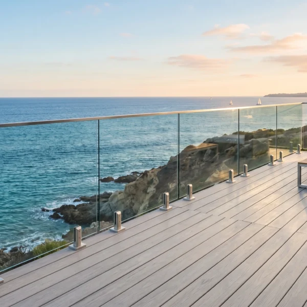 A modern seaside terrace overlooking the ocean, showcasing a sleek alternative to traditional Cable deck railing.