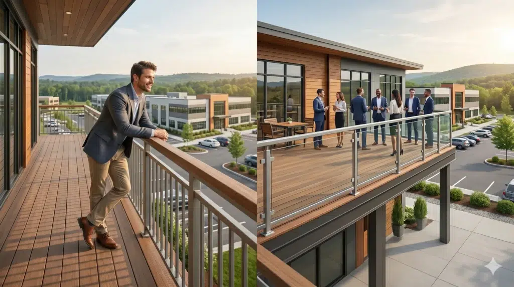 Modern Commercial Balcony With Wooden Decking And Safety Glass Panels Meeting Deck Railing Code Requirements.