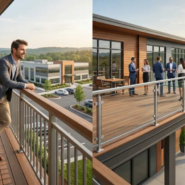 Modern commercial balcony with wooden decking and safety glass panels meeting deck railing code requirements.