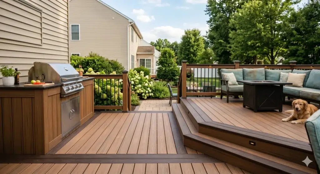 Multi-level wooden patio featuring a built-in grill station and a dog lounging near deck colors ideas for backyards.