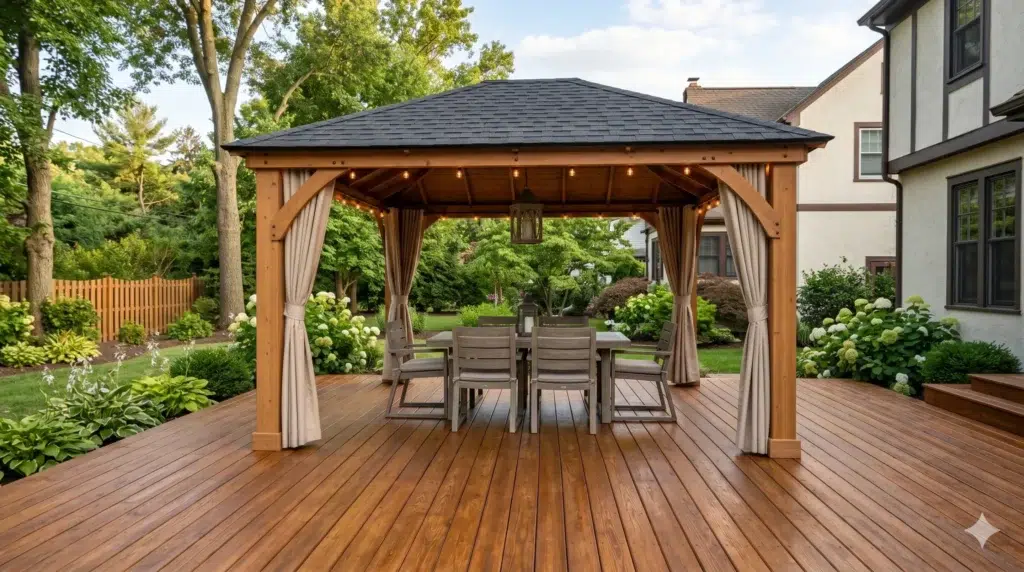 A wooden deck with a detailed gazebo offering great gazebo ideas for outdoor seating and dining.