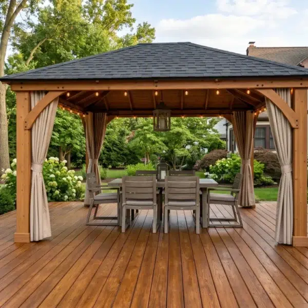 A wooden deck with a detailed gazebo offering great gazebo ideas for outdoor seating and dining.