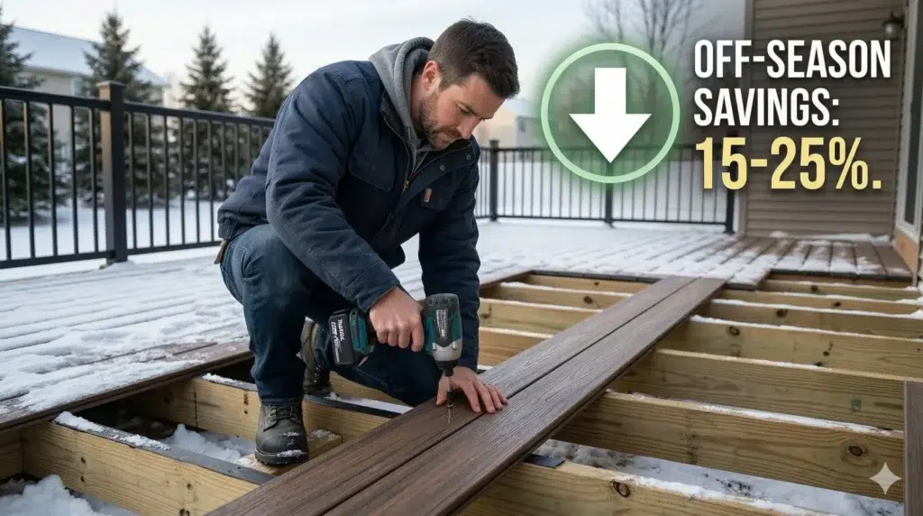 Worker in snow installs composite plank, saving 15-25 percent over waiting for spring to build your deck.