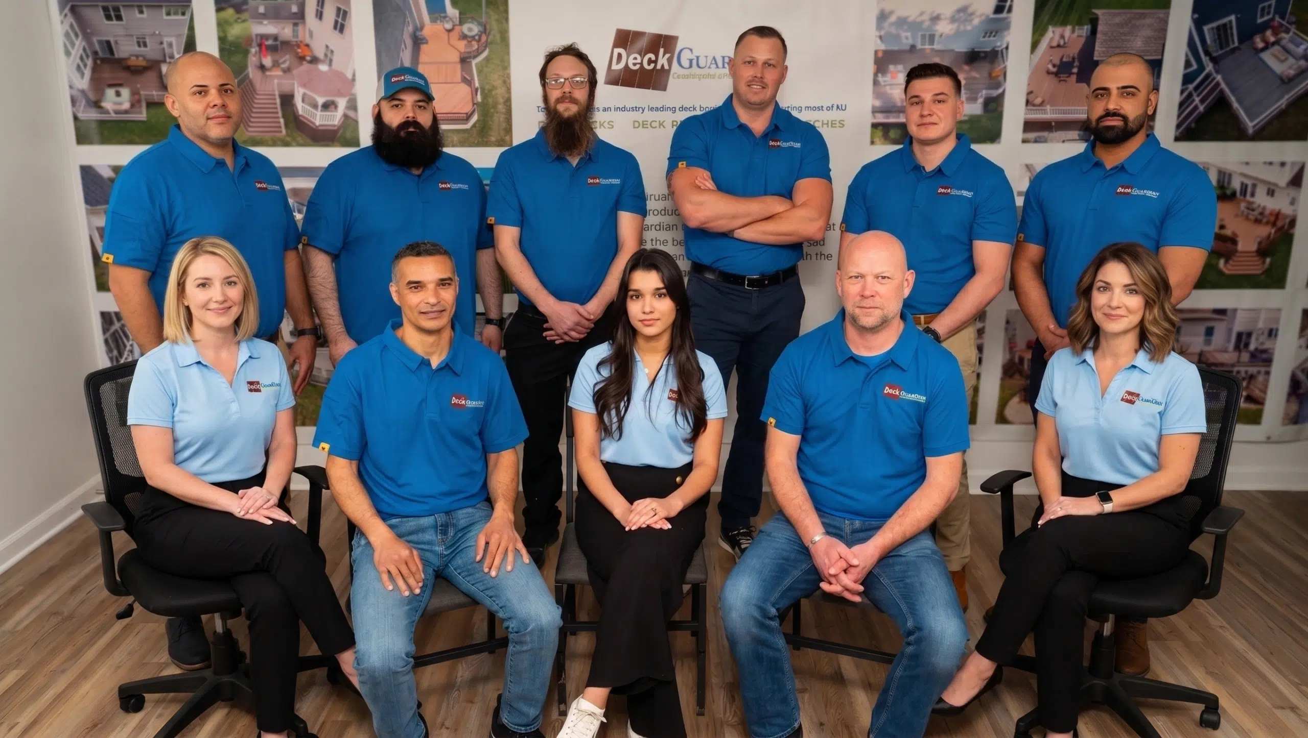 A Professional Team Of Ten People Wearing Blue Polo Shirts Poses Together In An Office Setting.